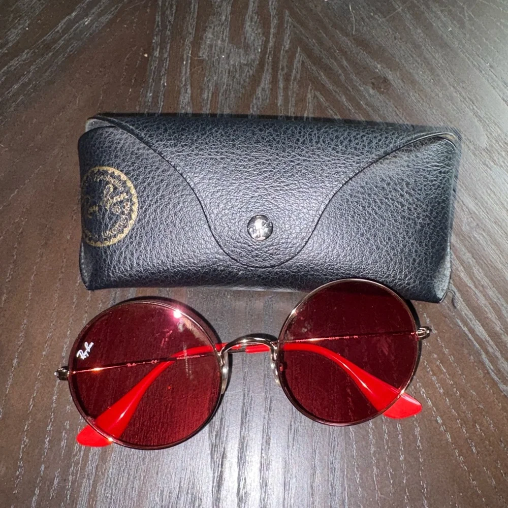 Ray-Ban Women’s Round Red Lens Sunglasses with Gold Frame
